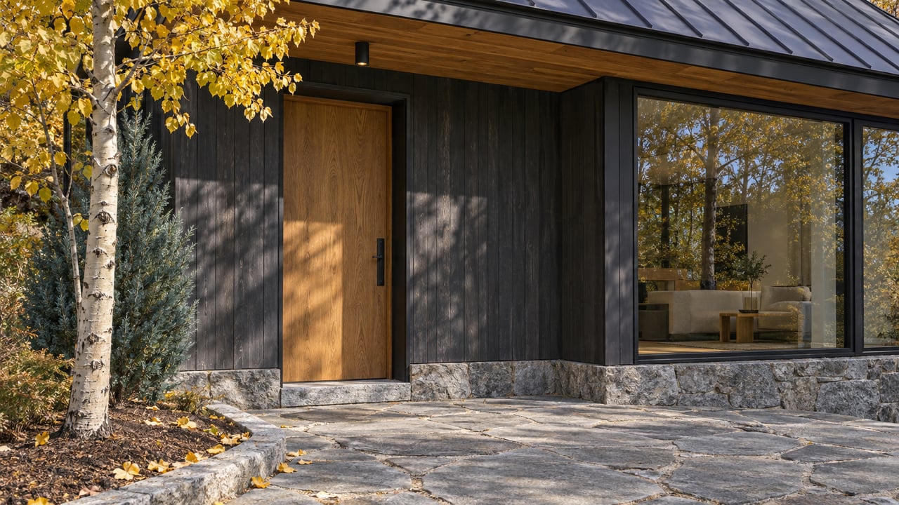 Charcoal wood-clad home entry with cedar soffits, granite paving and golden aspen leaves in afternoon light.