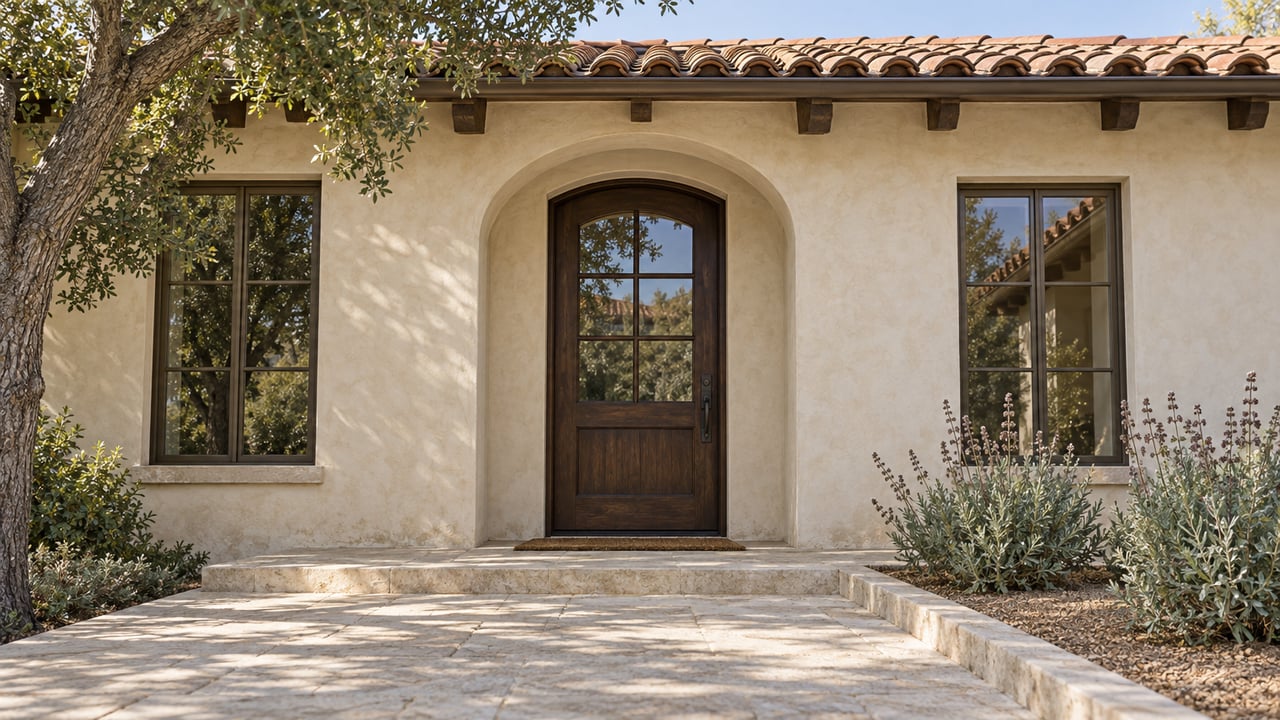 Sunlit plaster home entrance with an arched oak doorway, clay tile roof, limestone walk and silver-green sage planting.