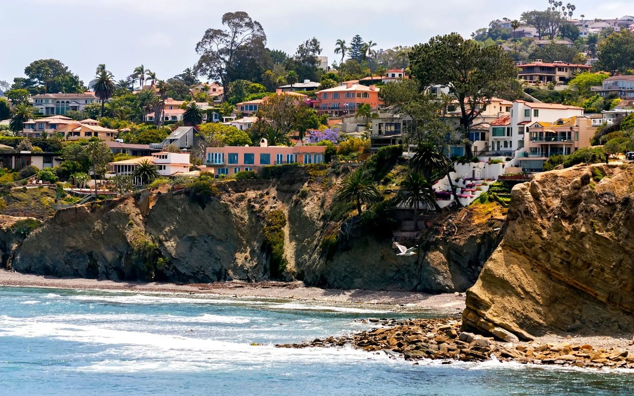 La Jolla homes perch above rocky cliffs along the Pacific coast.