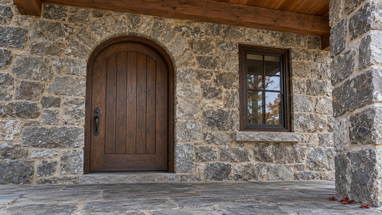 Arched oak entrance framed by rough gray stone beneath a timber porch, with curled red maple leaves on the flagstone landing.