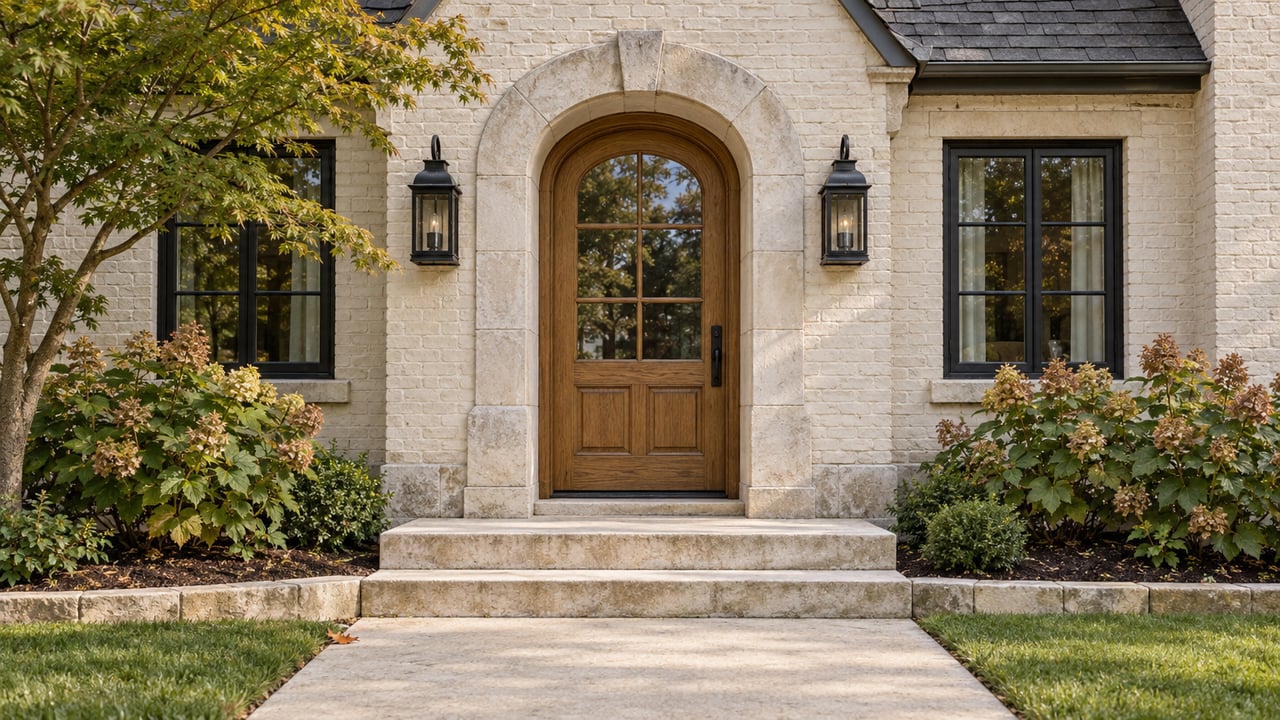 Cream-painted brick home with a limestone arched entry, oak door, black divided-pane windows and carefully edged autumn planting.