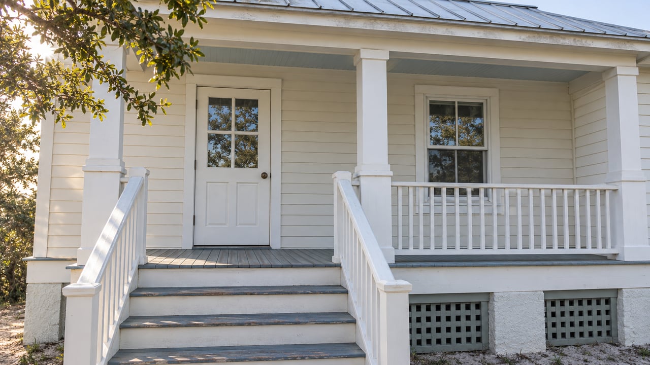 Salt-weathered cream cottage with a raised blue-grey porch, matching stair handrails and a live oak branch in morning light.