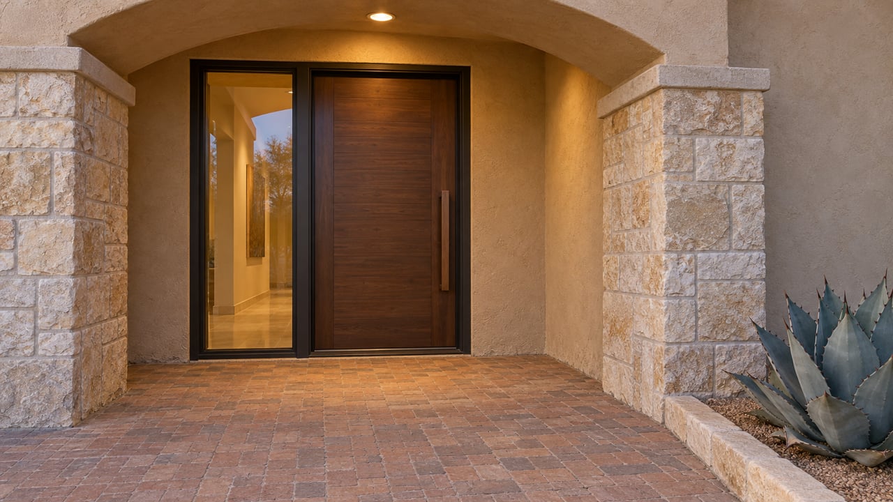Warmly lit stucco and limestone entry with a dark-framed glass door, terracotta brick landing and one blue-gray agave.