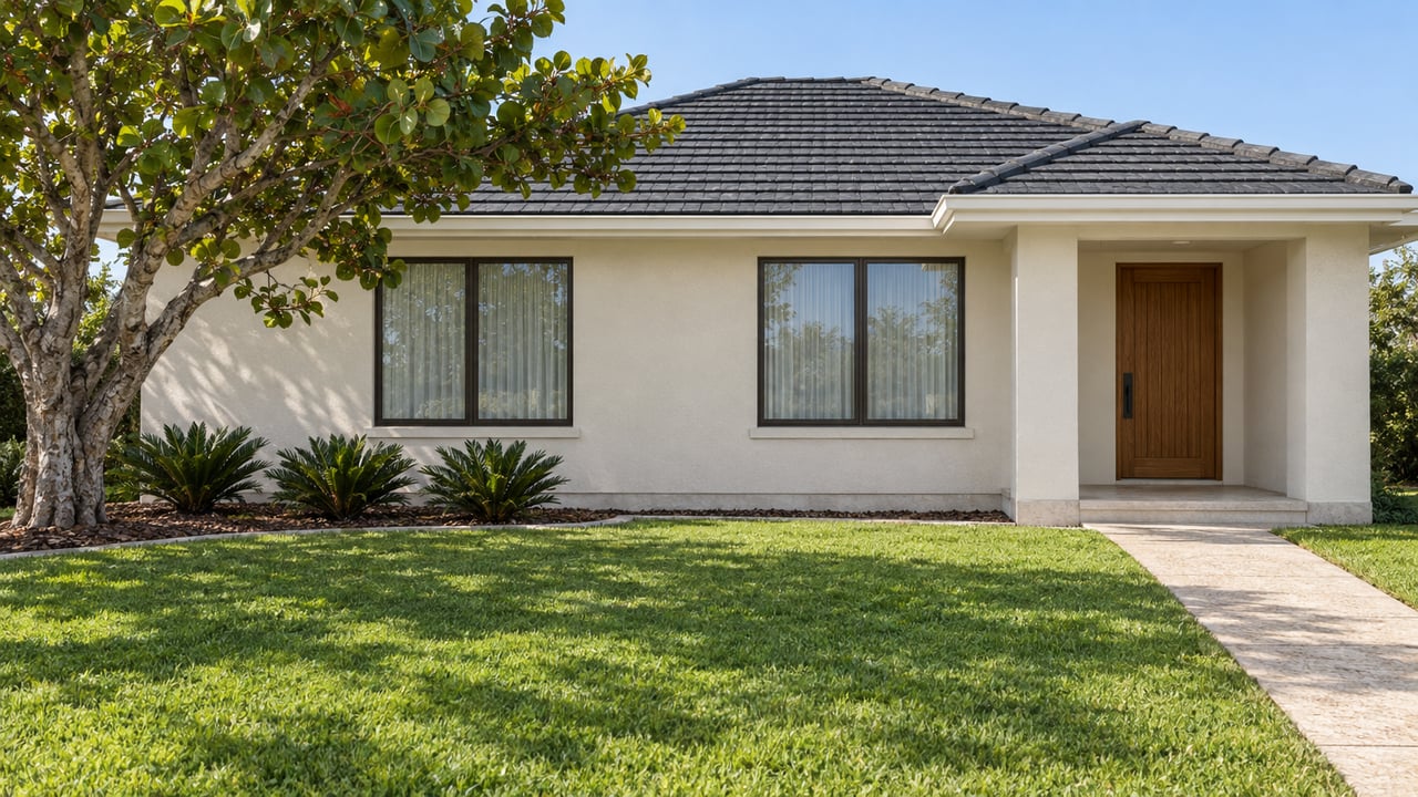 Cream single-story home with a charcoal tiled roof, bronze-framed windows and a deep green lawn beside a branching sea grape tree.