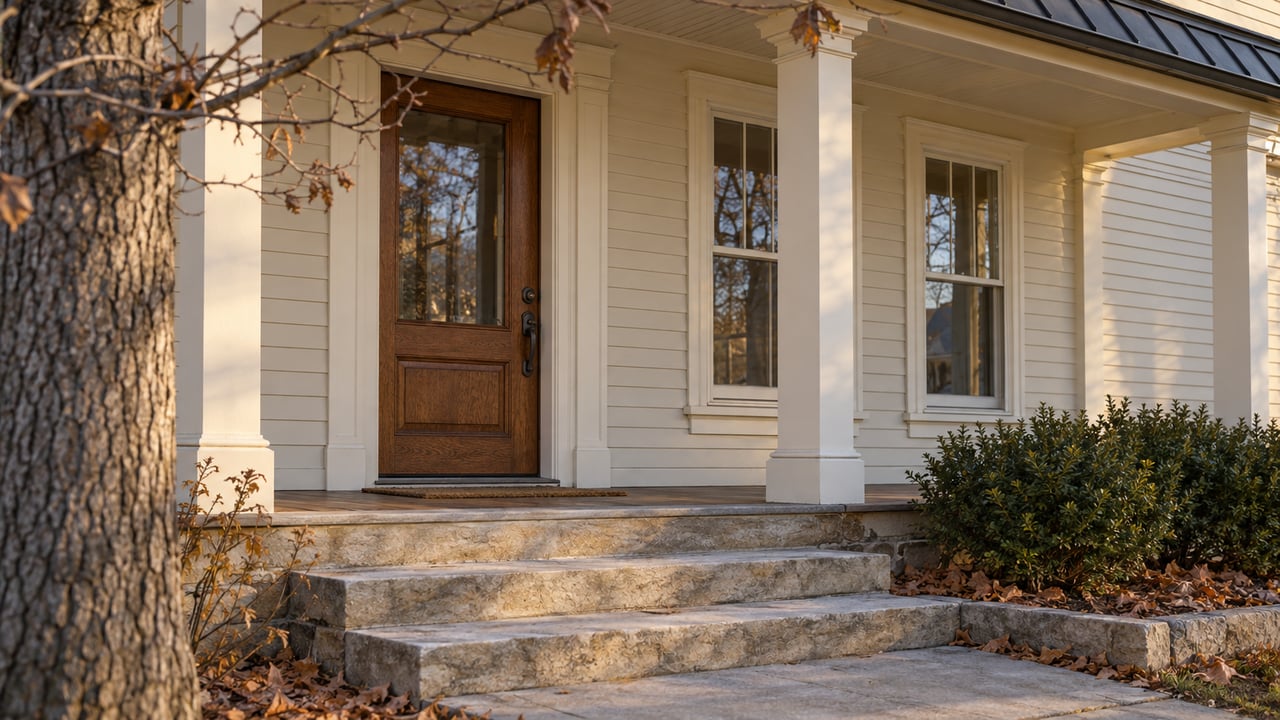 Cream clapboard village porch with a glazed oak door, limestone steps, bare maple branches, and two shrubs.