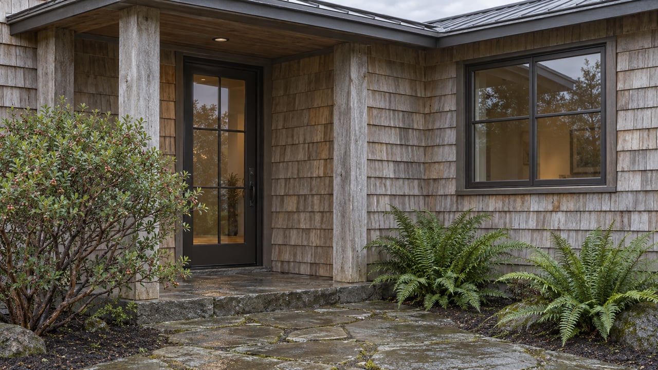 Compact cedar-shingle house with a covered entry, flagstone approach, and two planting pockets.