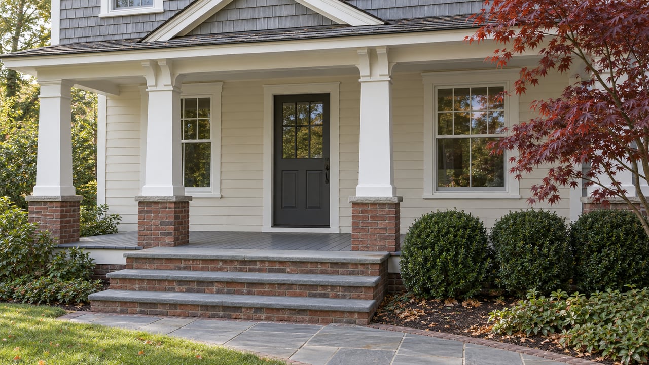 Gray shingled house with an ivory covered entry, paired windows, brick and bluestone steps, and a burgundy Japanese maple.