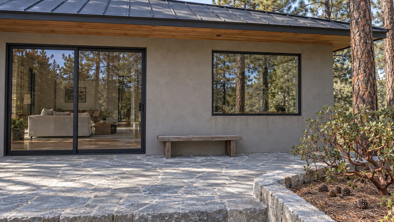 A contemporary wooded home with cedar eaves, black-framed glazing and a granite terrace beside pine trunks and a red-stemmed manzanita.