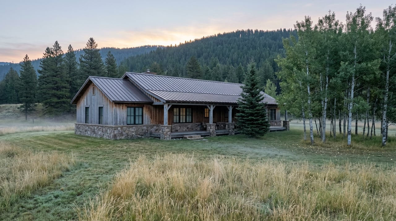 Silver-grey ranch home with a deep timber porch stands amid misty pasture, aspens, and a forested ridge at dawn.