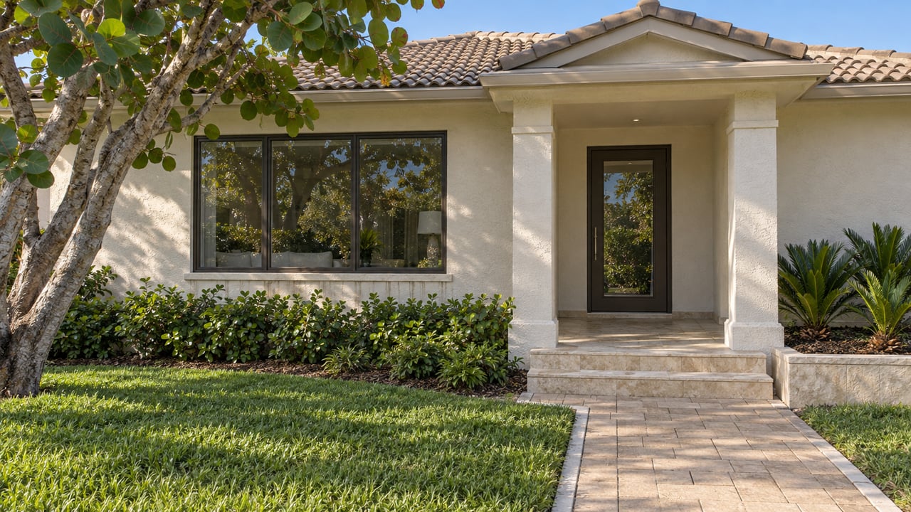 Off-white stucco home with a tan tiled roof, shaded entry porch, limestone steps and a planted front garden.