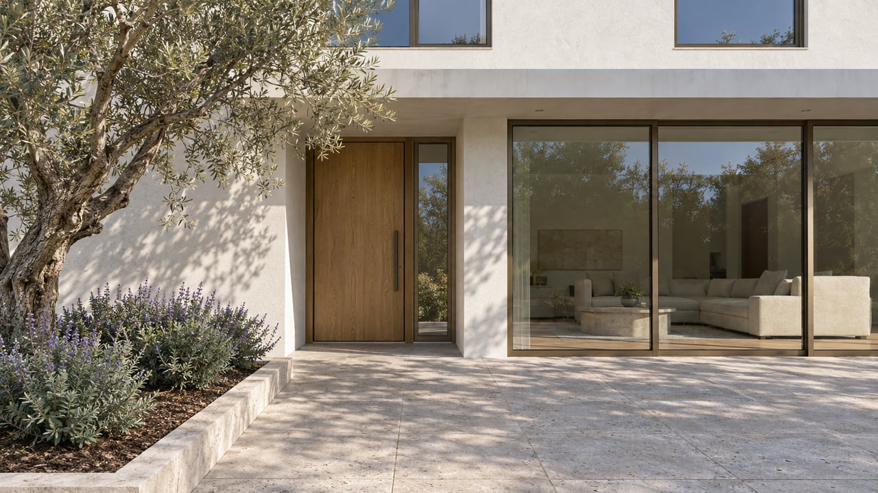 Sunlit white stucco home with bronze-framed windows, a recessed oak entry and a sculptural olive tree beside a limestone terrace.