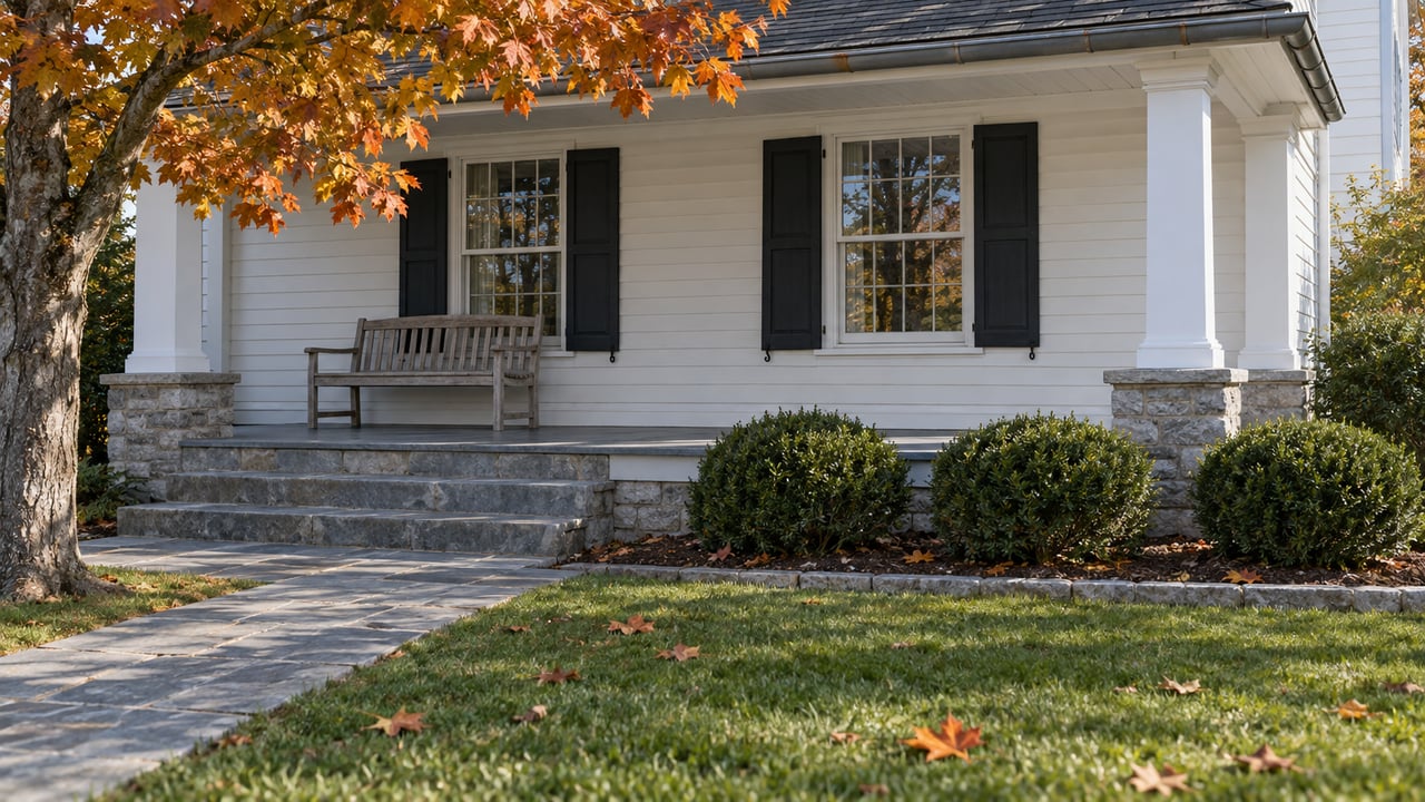 Autumn sunlight on a white clapboard home's long porch, black-shuttered windows, bluestone steps, and maple-shaded lawn.