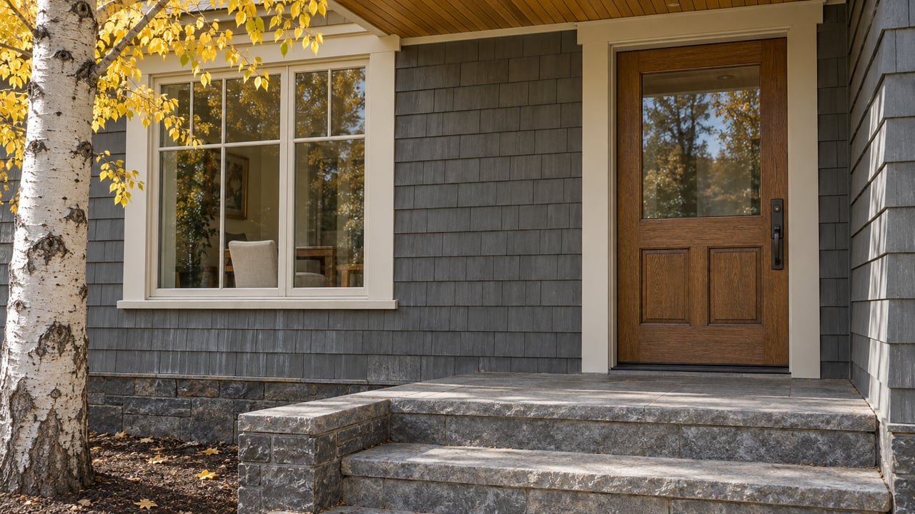 Home entrance with a wood-and-glass door, stone steps, and yellow autumn leaves.