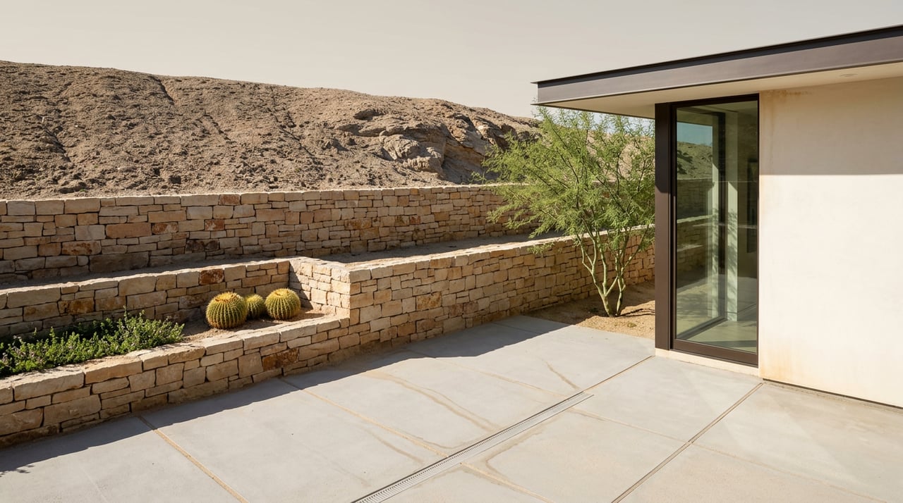 Stepped limestone retaining wall beside a glass-cornered stucco home, with a palo verde and barrel cacti.