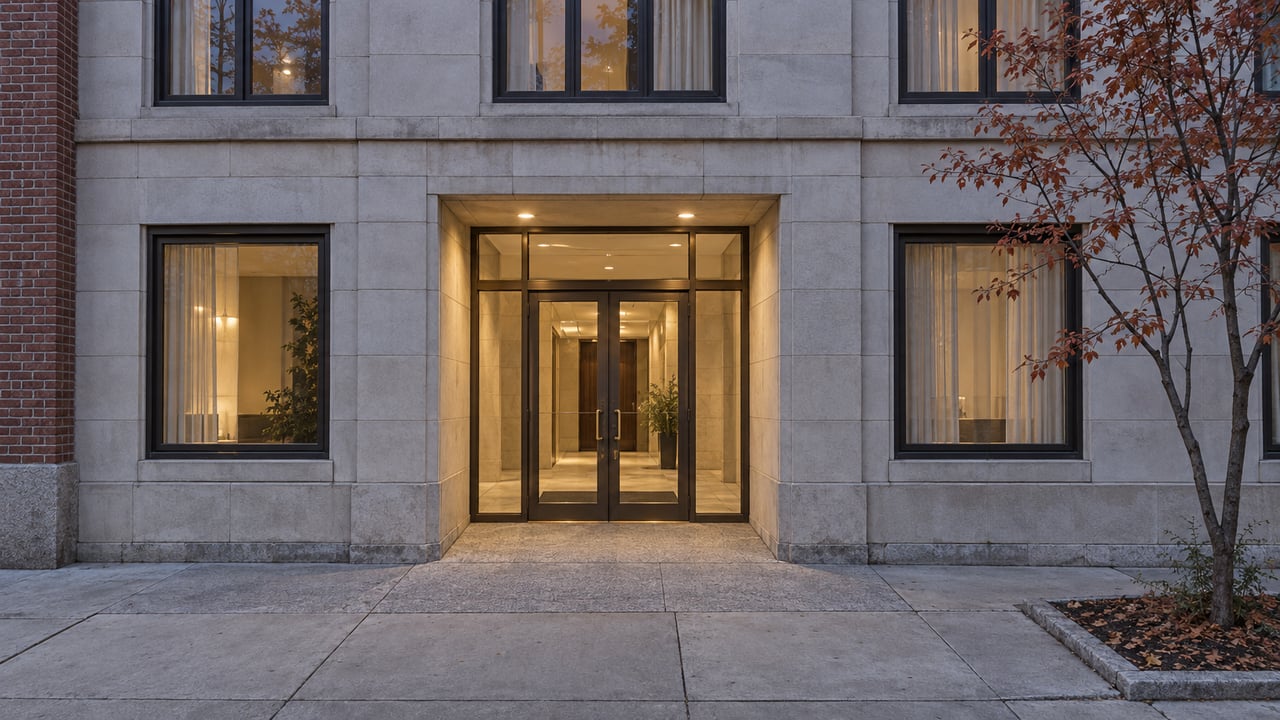 Limestone apartment entrance at dusk with bronze-framed glass doors, warm vestibule lights, and a copper-leaved serviceberry beside the sidewalk.