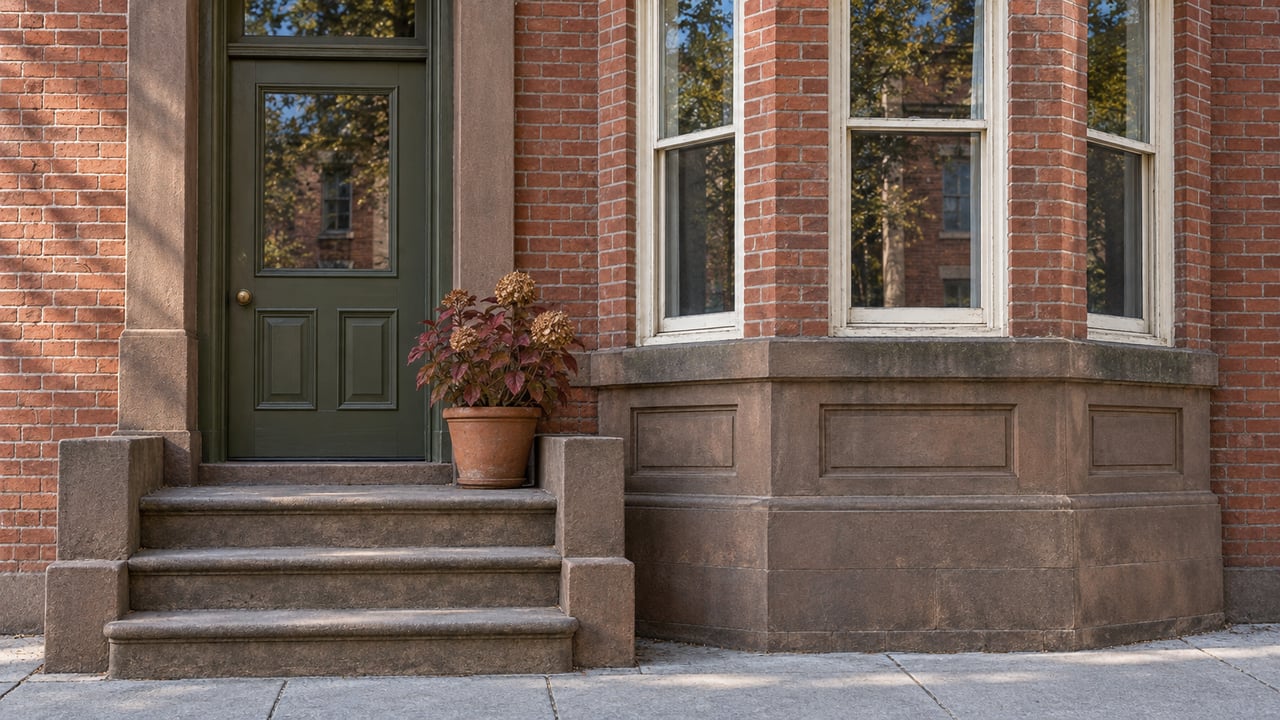 Morning light on a weathered brick rowhouse entrance, brownstone steps, olive timber door and cream sash bay windows.
