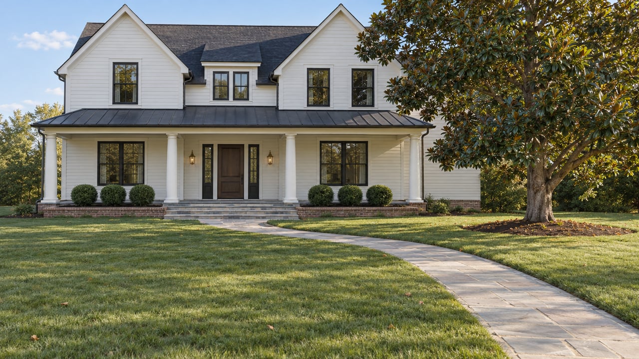 A white lap-sided home with dark rooflines and a columned porch beyond a broad lawn, with a mature magnolia beside the limestone approach.