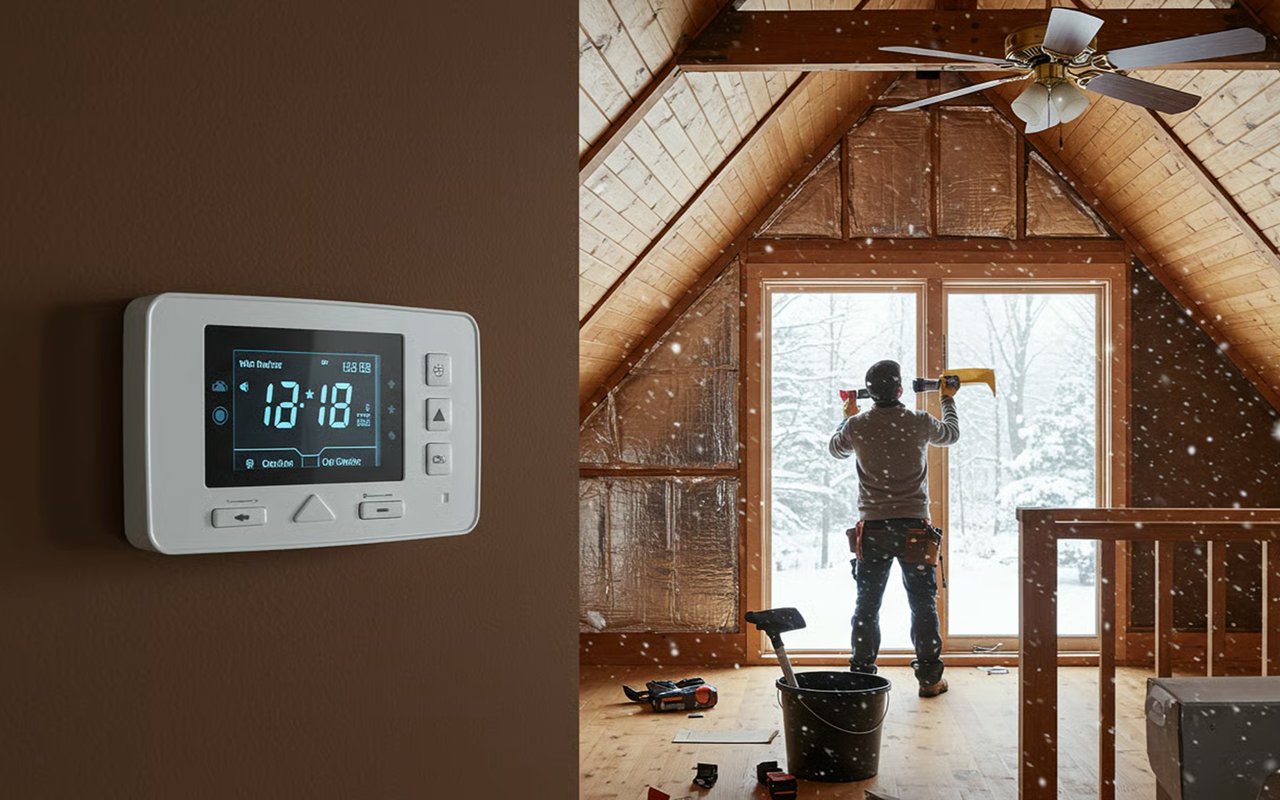 Worker works in a snowy, unfinished attic beside a digital thermostat.