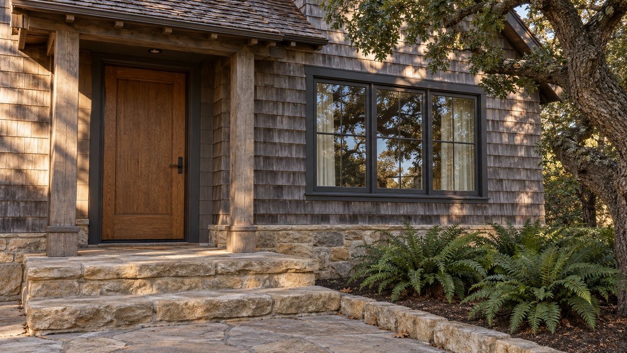 Weathered cedar cottage entry with an oak door, sandstone steps and a mature oak in soft late-afternoon light.
