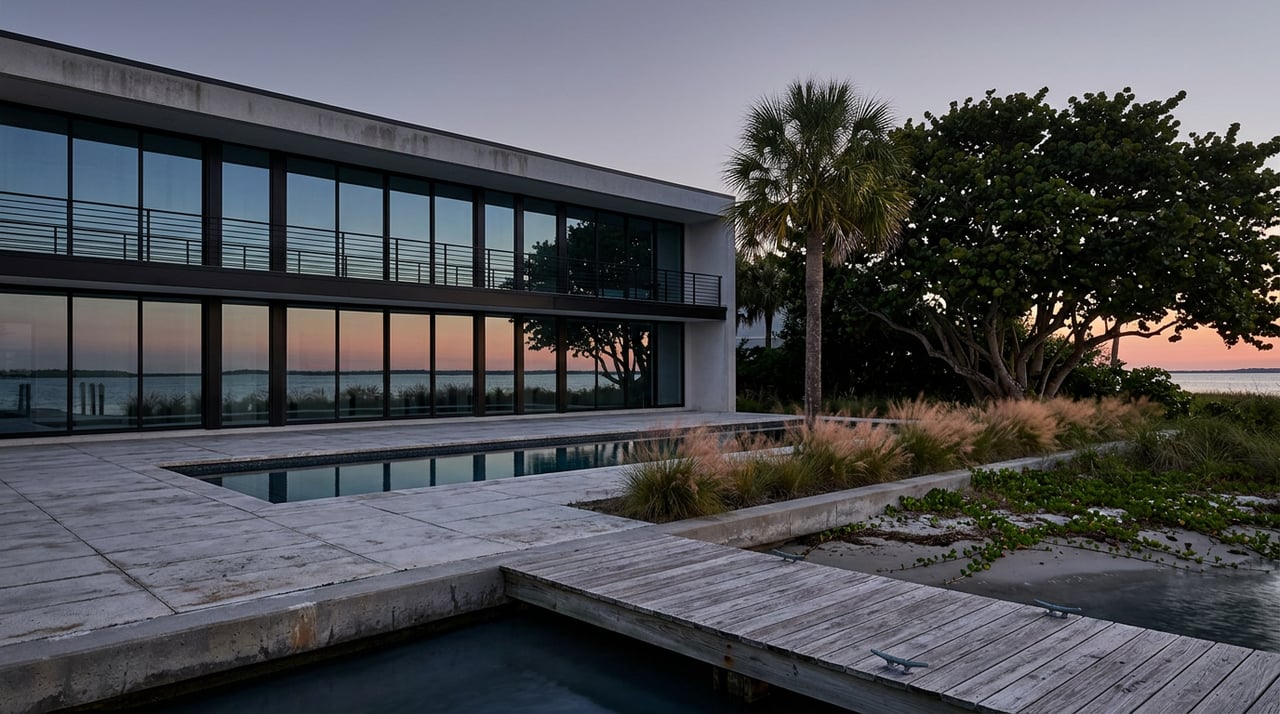 Waterfront home with a glass facade, lap pool, and weathered dock beneath a blue-to-coral dawn sky.
