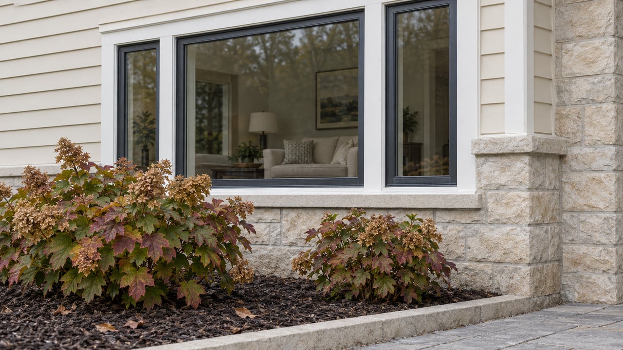 Close view of a three-part residential window above a buff limestone base, with autumn oakleaf hydrangeas beside a stone-edged paved approach.