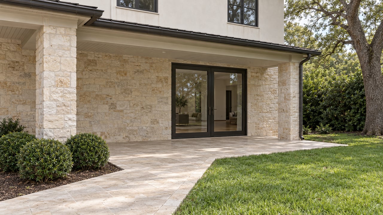 Limestone and stucco home with a covered stone terrace, closed glass doors, and an adjoining green lawn beneath a mature oak.