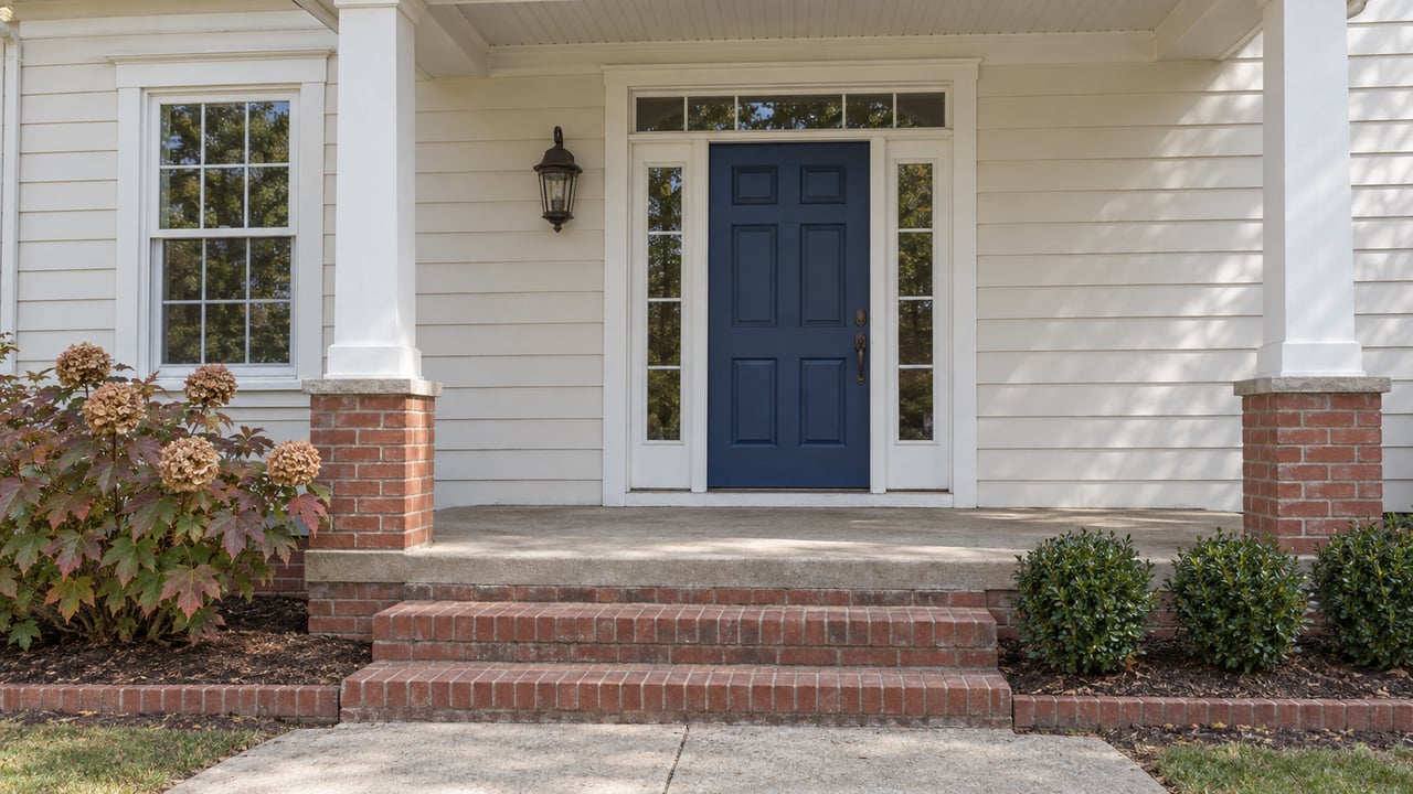 White-sided home with an indigo front door, paired sidelights, red brick steps and autumn oakleaf hydrangea beside a covered porch.