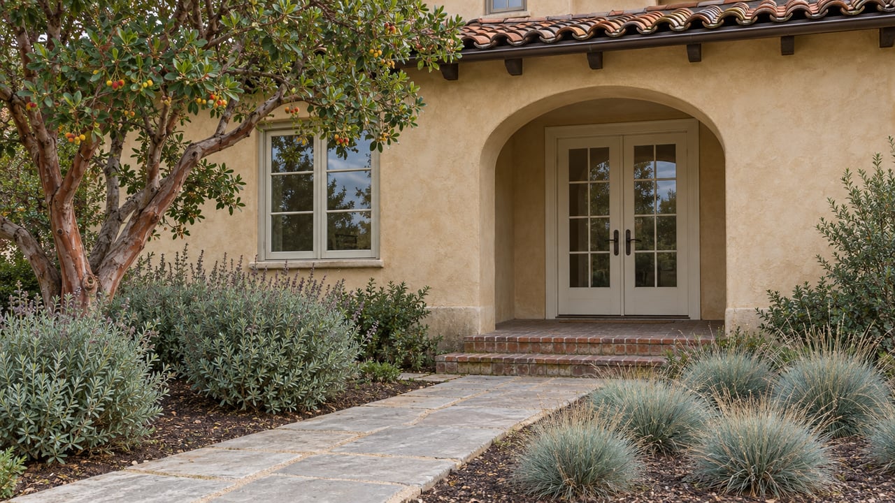 A buff stucco home with a clay tile roof, sheltered French-door entry, stone garden path, and carefully spaced planting in soft cloudy light.