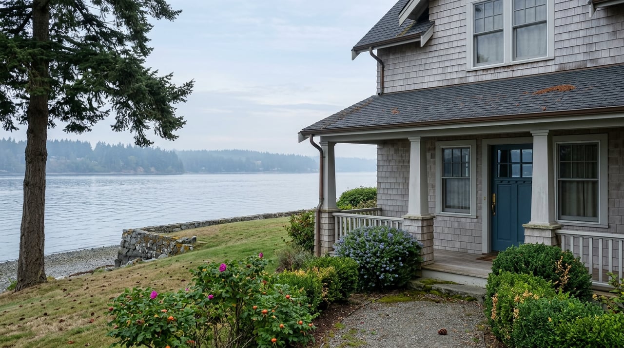 Cedar-shingled coastal house with a marine-blue door, lawn, stone wall, and calm water beyond.