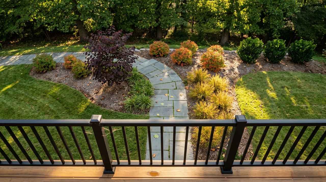 Bluestone path curves through a planted backyard toward a wooded boundary, seen over a black deck railing.