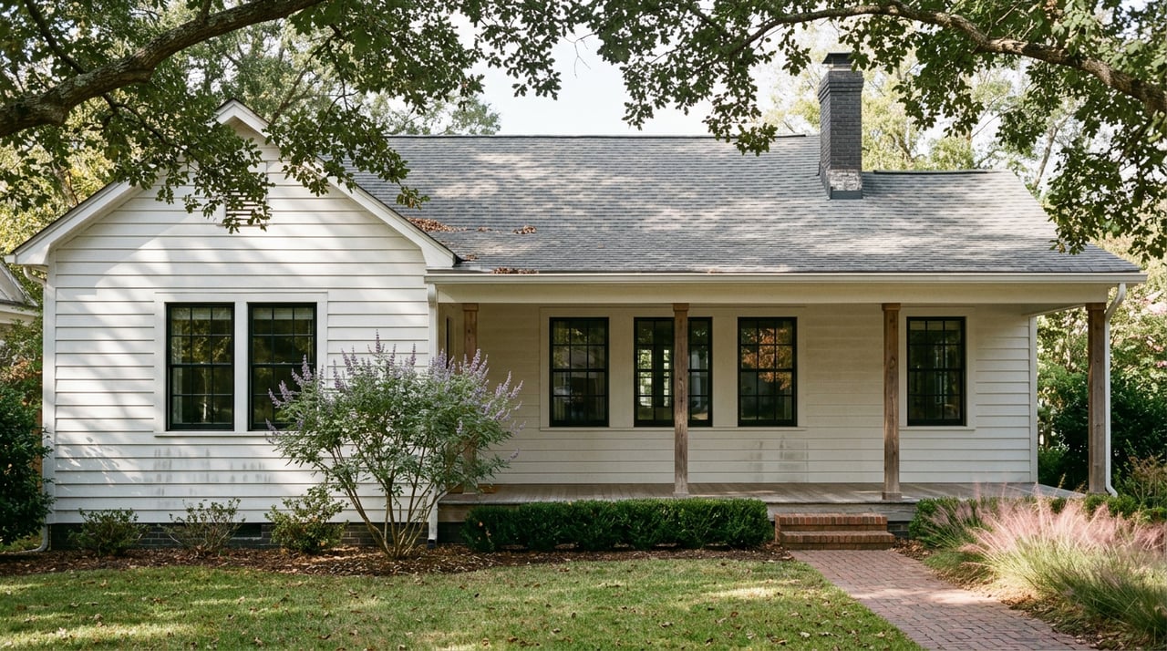 Restored white bungalow beneath an arching oak canopy, with a brick walkway and lavender blooms by the porch.