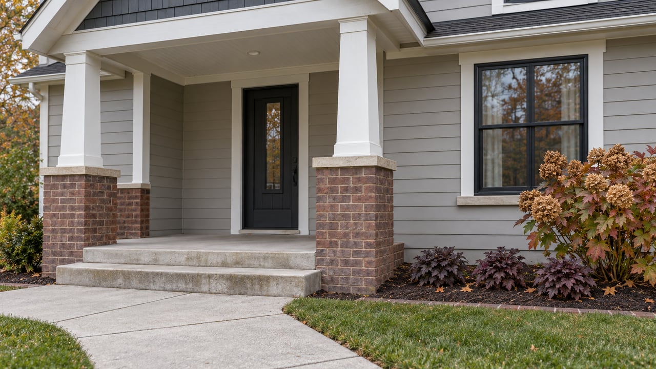 Covered suburban entry with pale siding, brick porch piers, limestone steps and copper-leaved oakleaf hydrangea.