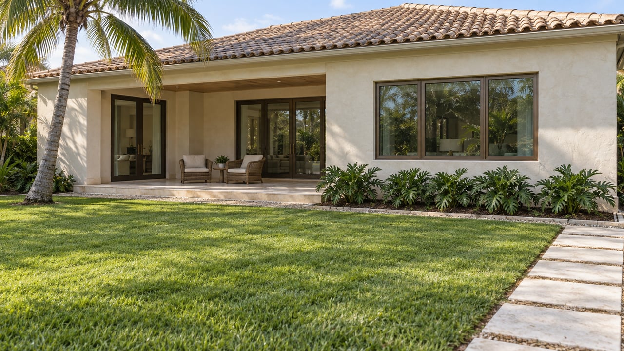 Light stucco home with a tiled roof, glazed terrace doors, pale stone path and deep green lawn beneath a curved palm.