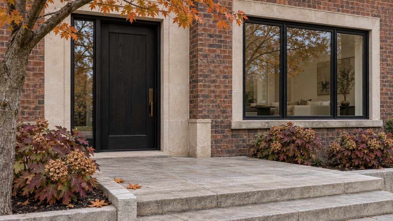 Russet brick home with a black oak entry door, limestone steps, and copper autumn foliage beside a broad living-room window.