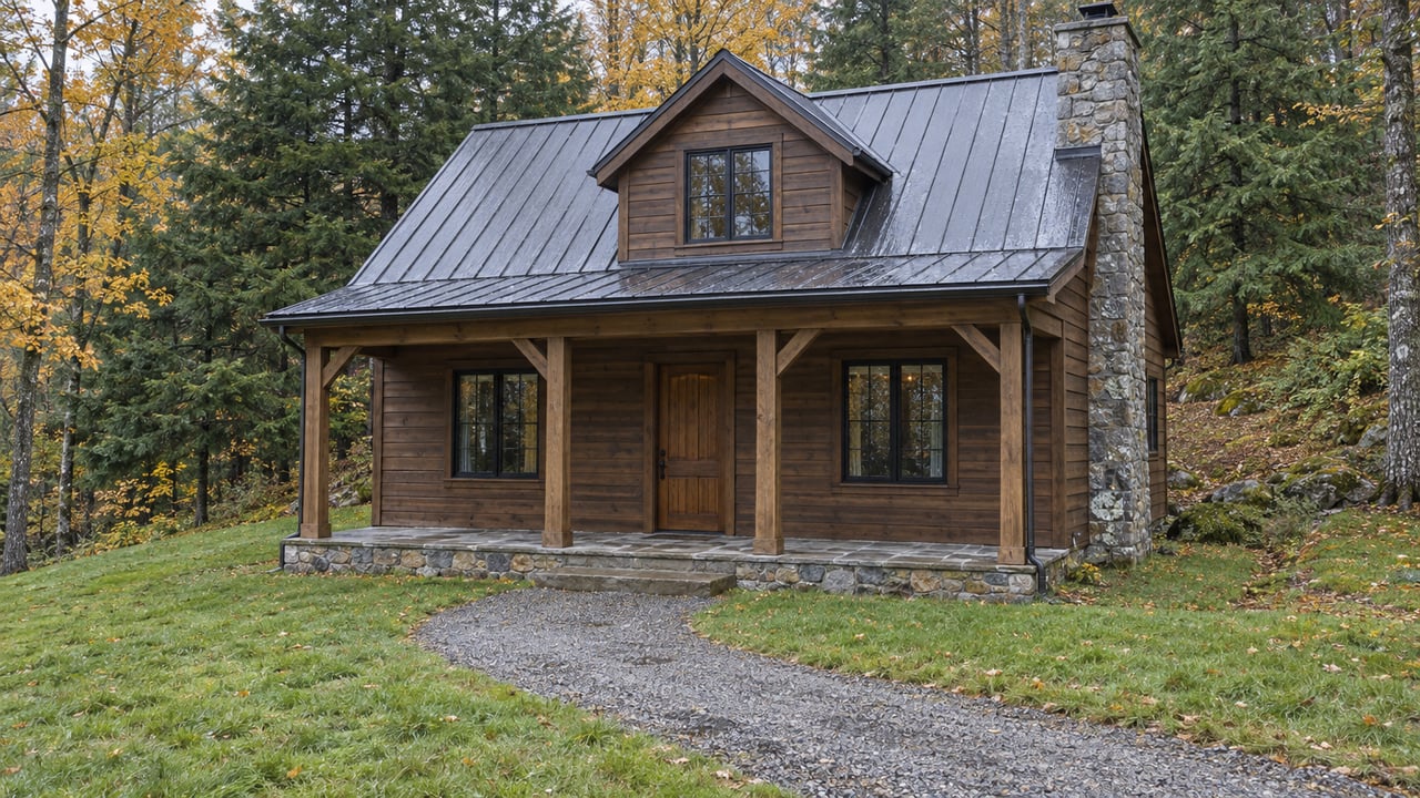 A weathered timber cabin with a stone chimney and covered front porch overlooks a grassy clearing and curved gravel approach beneath autumn trees.