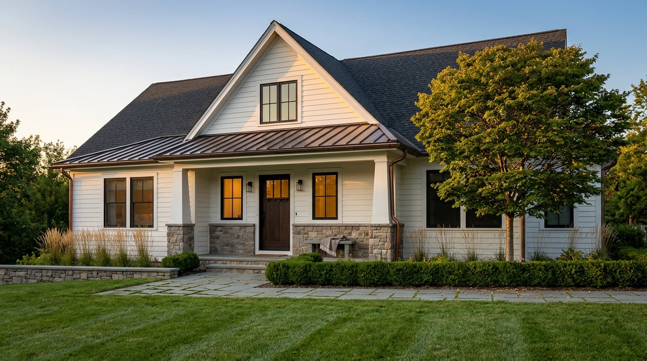 White-sided home with a stone porch, dark gabled roof, bluestone walkway, and broad-canopied tree in golden light.