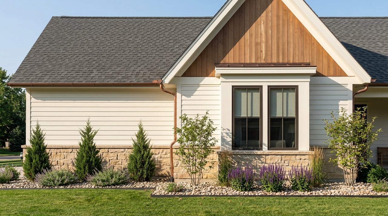 Two-story home bay with dark casement windows, sandstone lower walls, off-white siding, and a cedar gable.
