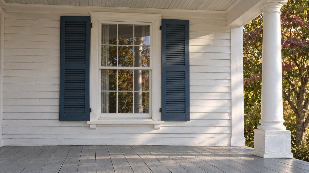 White clapboard porch with paired blue shutters, a turned column, and a dogwood beginning to turn burgundy.