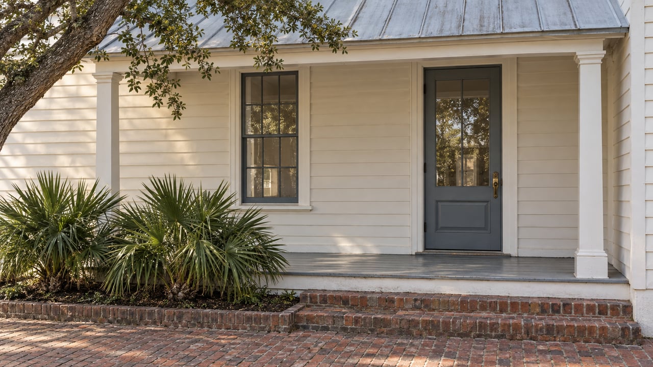 Chalk-white cottage porch with a blue-gray glazed door, brick steps, and palms beneath an oak limb.