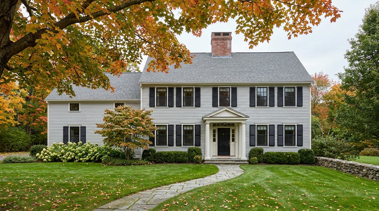 Gray Colonial home with black shutters, brick chimney, portico, and a bluestone walkway across a broad lawn.