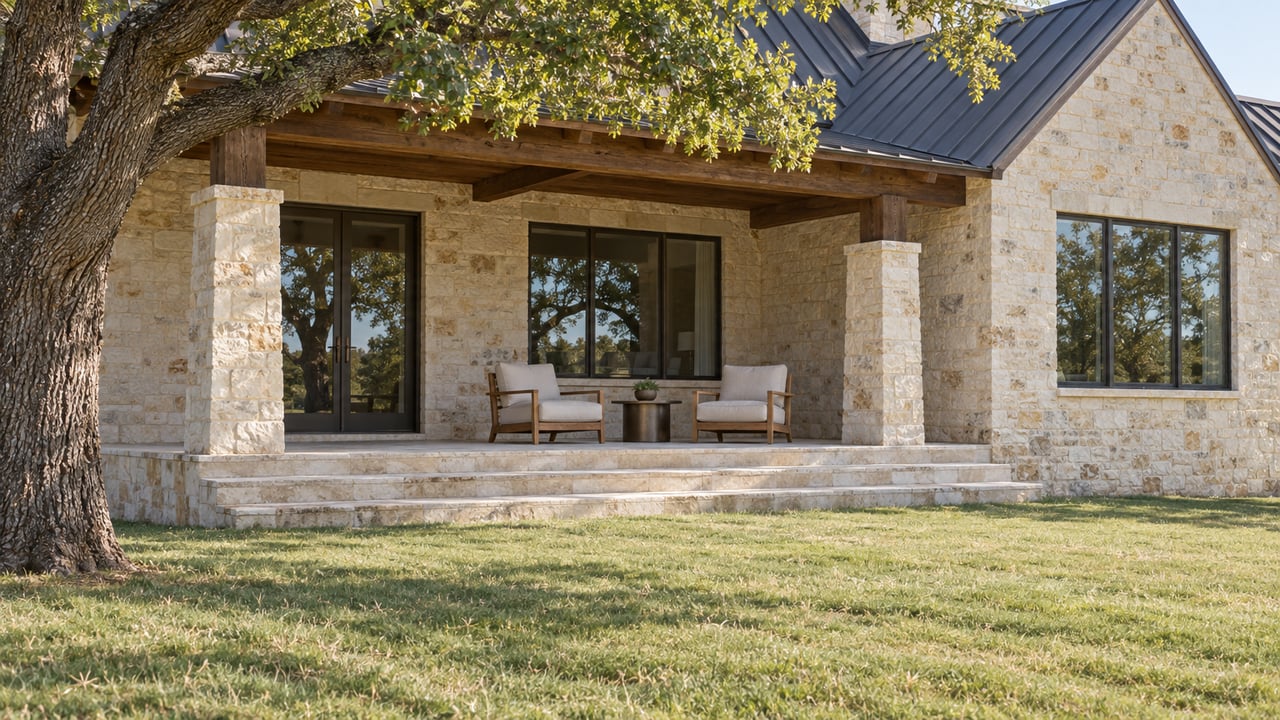 Limestone home with a dark gabled roof, covered porch, teak chairs and broad lawn beside a mature bur oak.