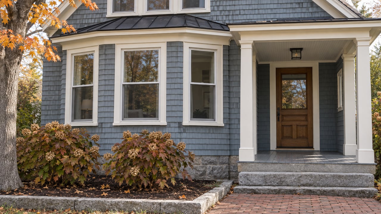 Blue-gray shingled home with white-trimmed bay windows, a covered oak-door entry, granite steps and autumn hydrangeas.