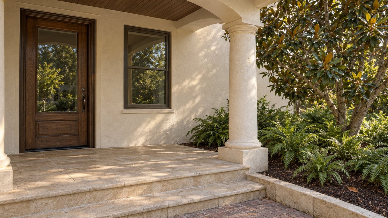 Ivory stucco home entry with a glazed oak door, limestone porch steps and a magnolia garden.