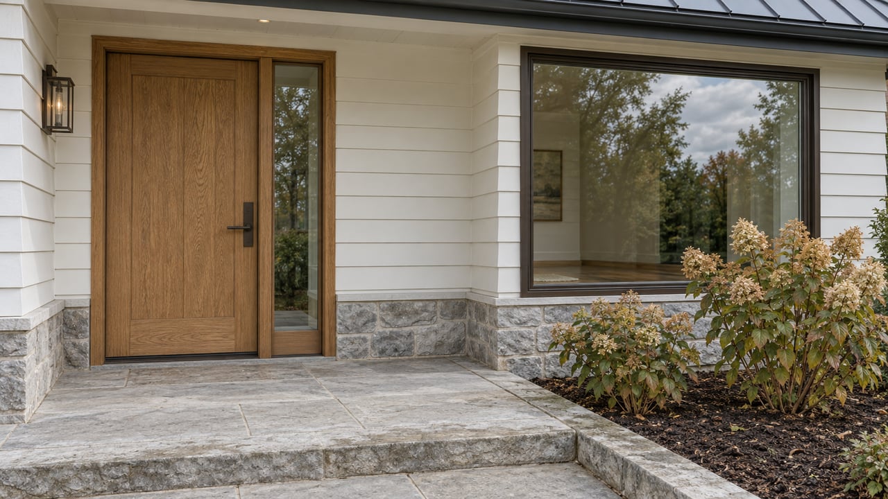 Sheltered home entry with an oak door, white wood siding, limestone landing and two autumn hydrangeas beside a large window.