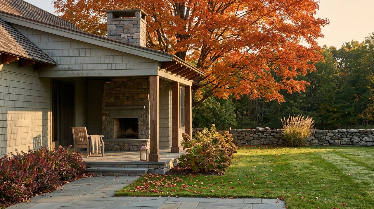 Stone terrace with an unlit fireplace and teak chair overlooks a lawn beneath an orange-red maple.