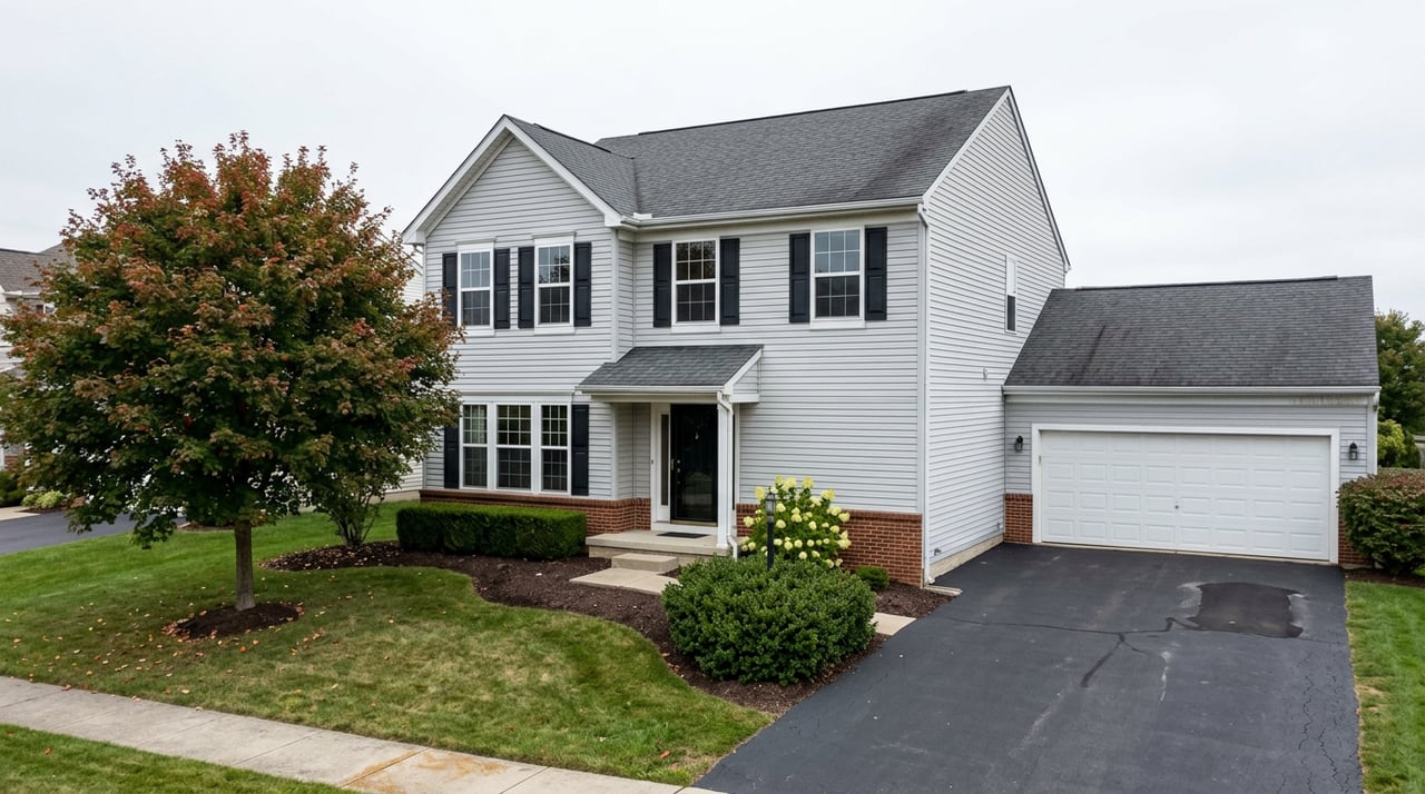 Two-story gray-sided suburban house with black shutters, red brick foundation, attached garage, driveway, and red maple.