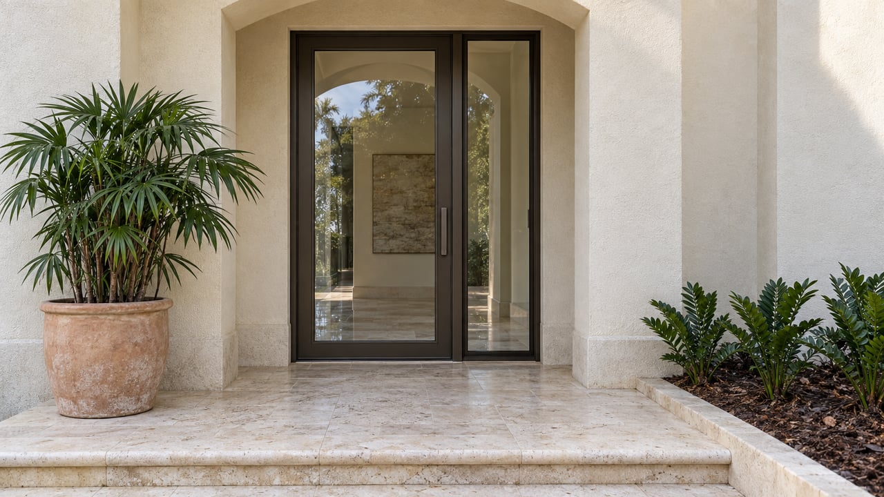 Ivory stucco entry with dark bronze glass door, worn limestone landing, and a fan palm in a clay planter.