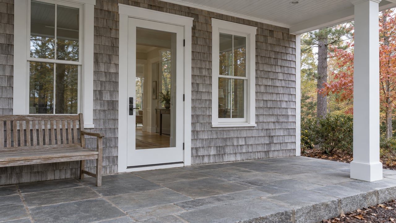Home entrance with gray shingle siding, a white glass-paneled door, wooden bench, and stone patio.