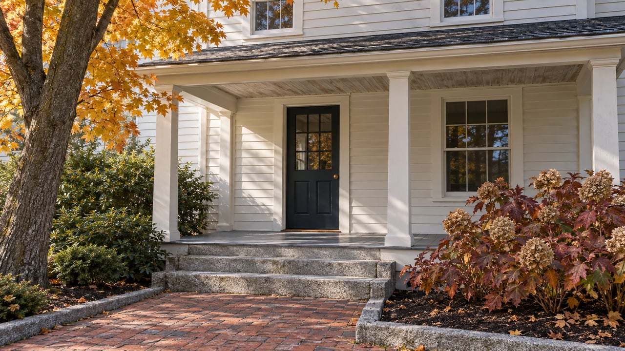 Autumn light on an ivory clapboard home's covered porch, granite steps, and brick approach framed by maple leaves and oakleaf hydrangeas.