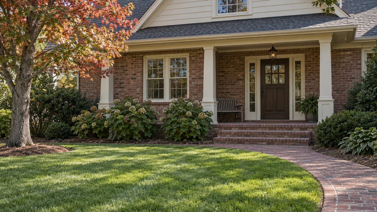 Brick house with a columned porch, curved brick walkway, and autumn foliage.